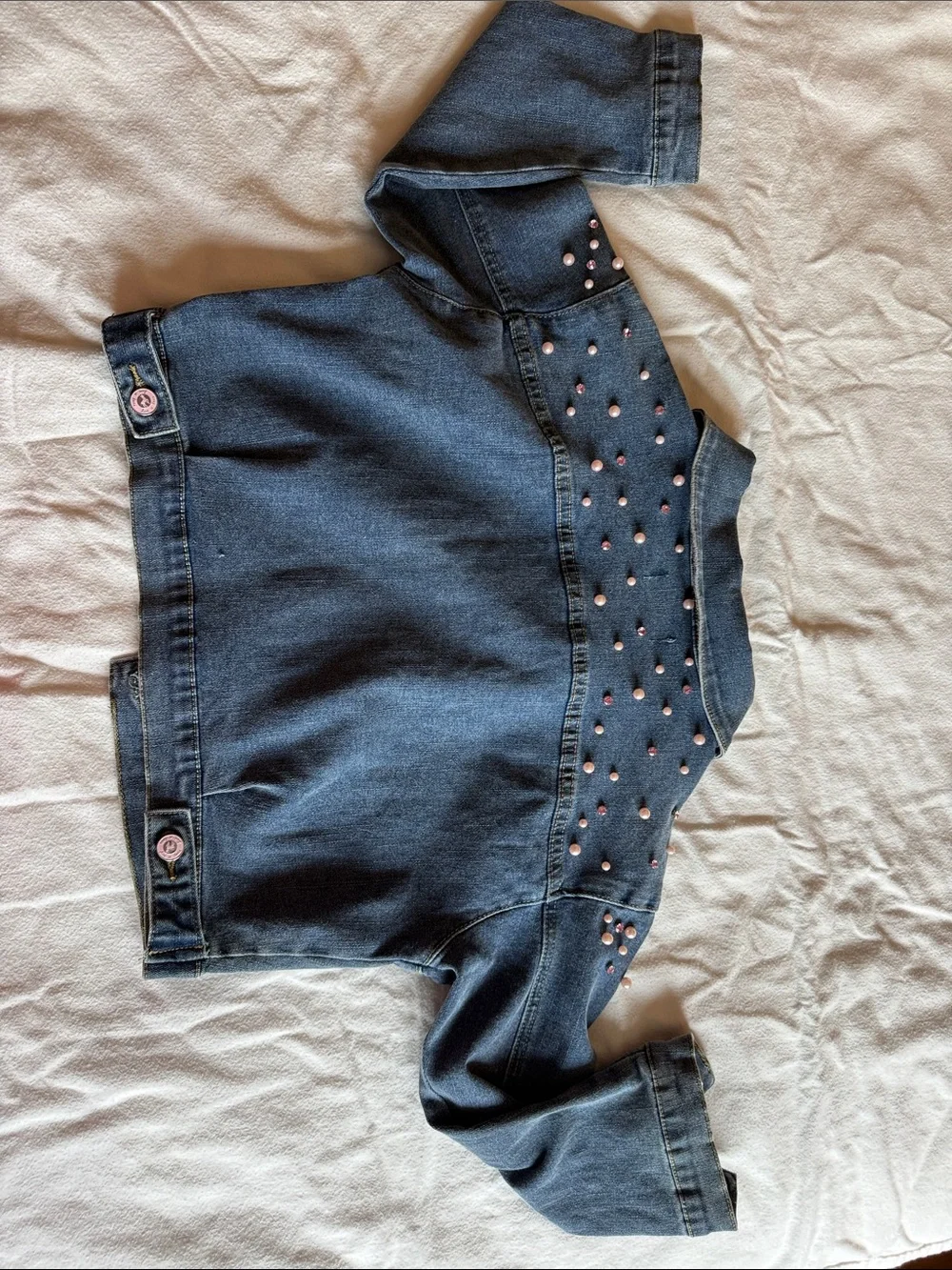 Girls' Dark Blue Denim Jacket with Pink Stud Accents